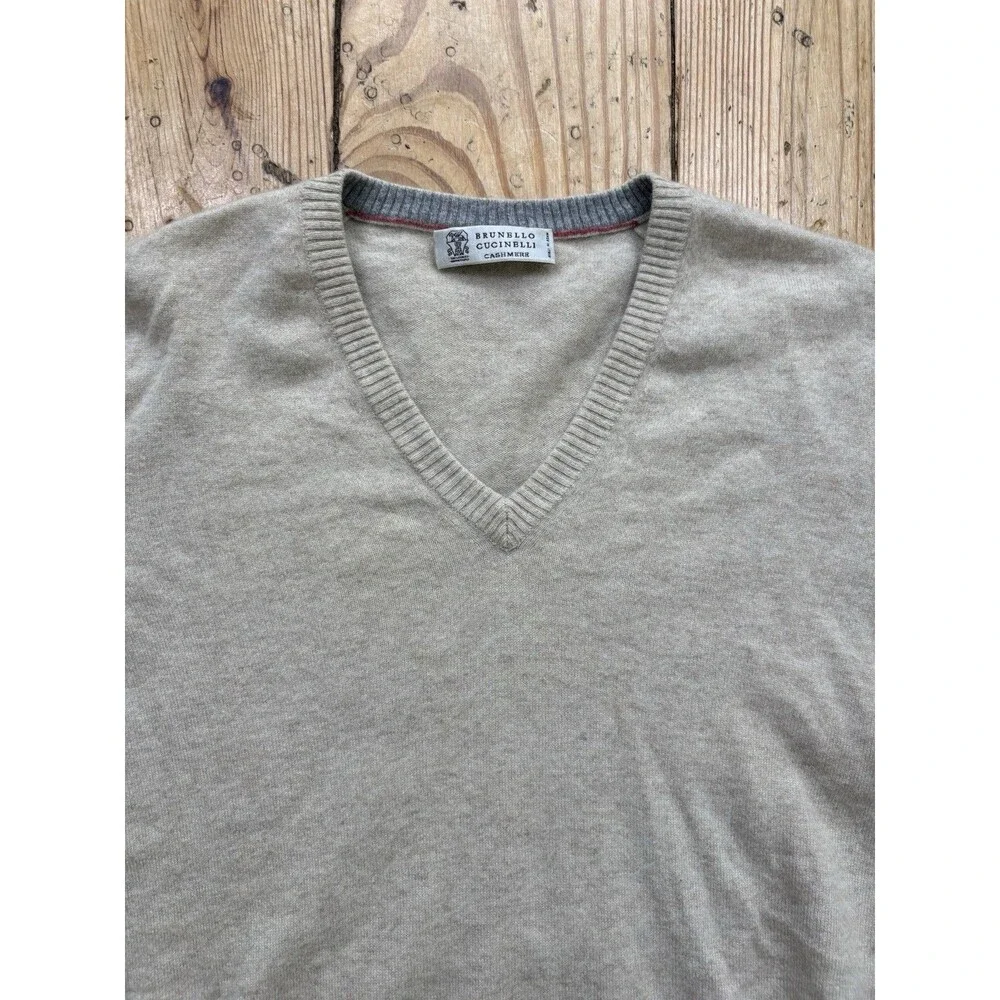 Brunello Cucinelli 100% Cashmere V Neck Sweater Made In Italy Mens Size Med Tan